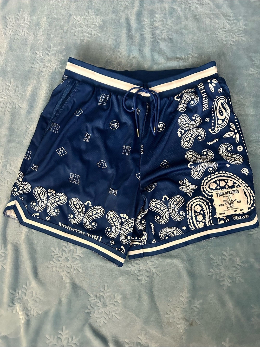 True Religion Bandana Print Mesh Basketball Shorts Royal Blue XL